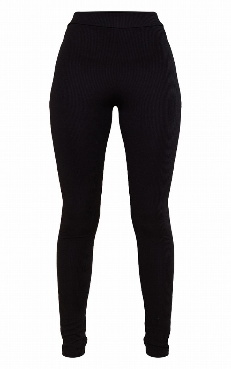 Black Pretty Little Thing Rib High Waisted Leggings | GJHNBDI-96