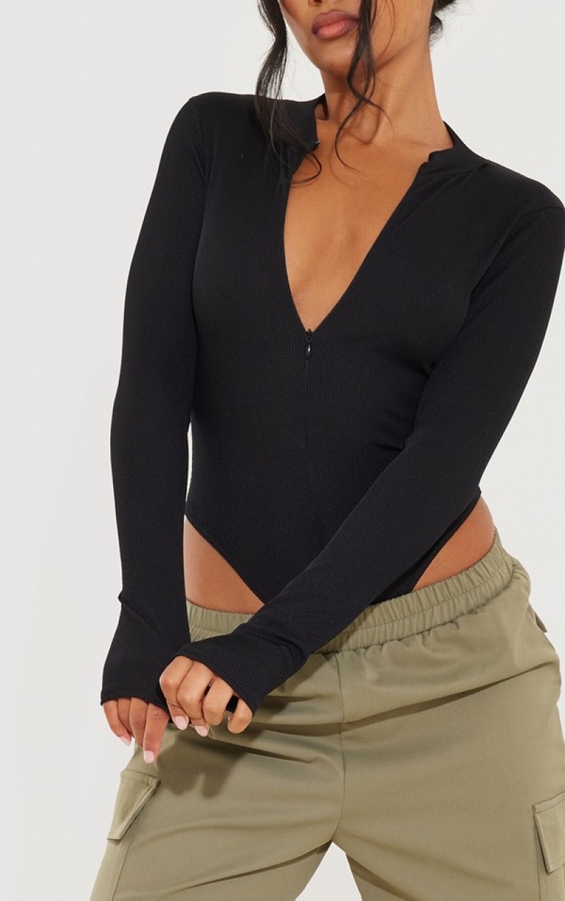 Black Pretty Little Thing Rib Zip Up Long Sleeve Bodysuits | RDXHWCL-25