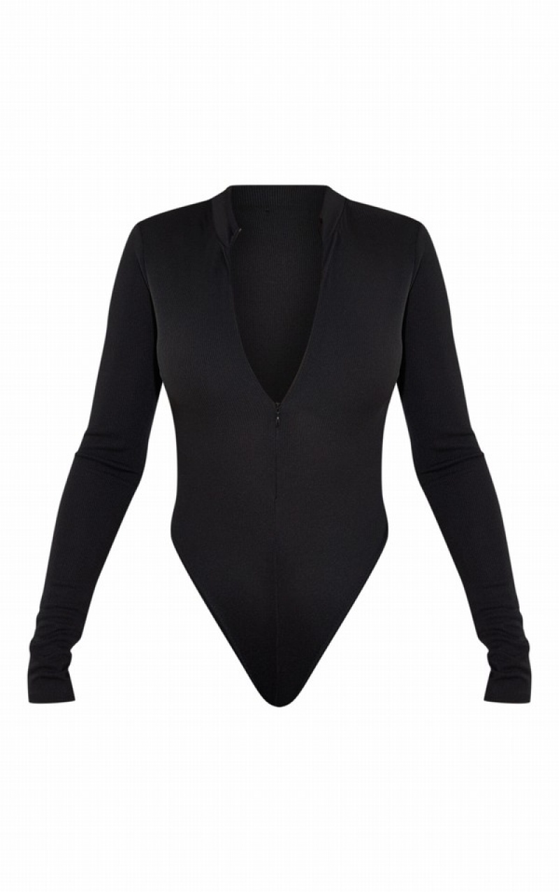 Black Pretty Little Thing Rib Zip Up Long Sleeve Bodysuits | RDXHWCL-25