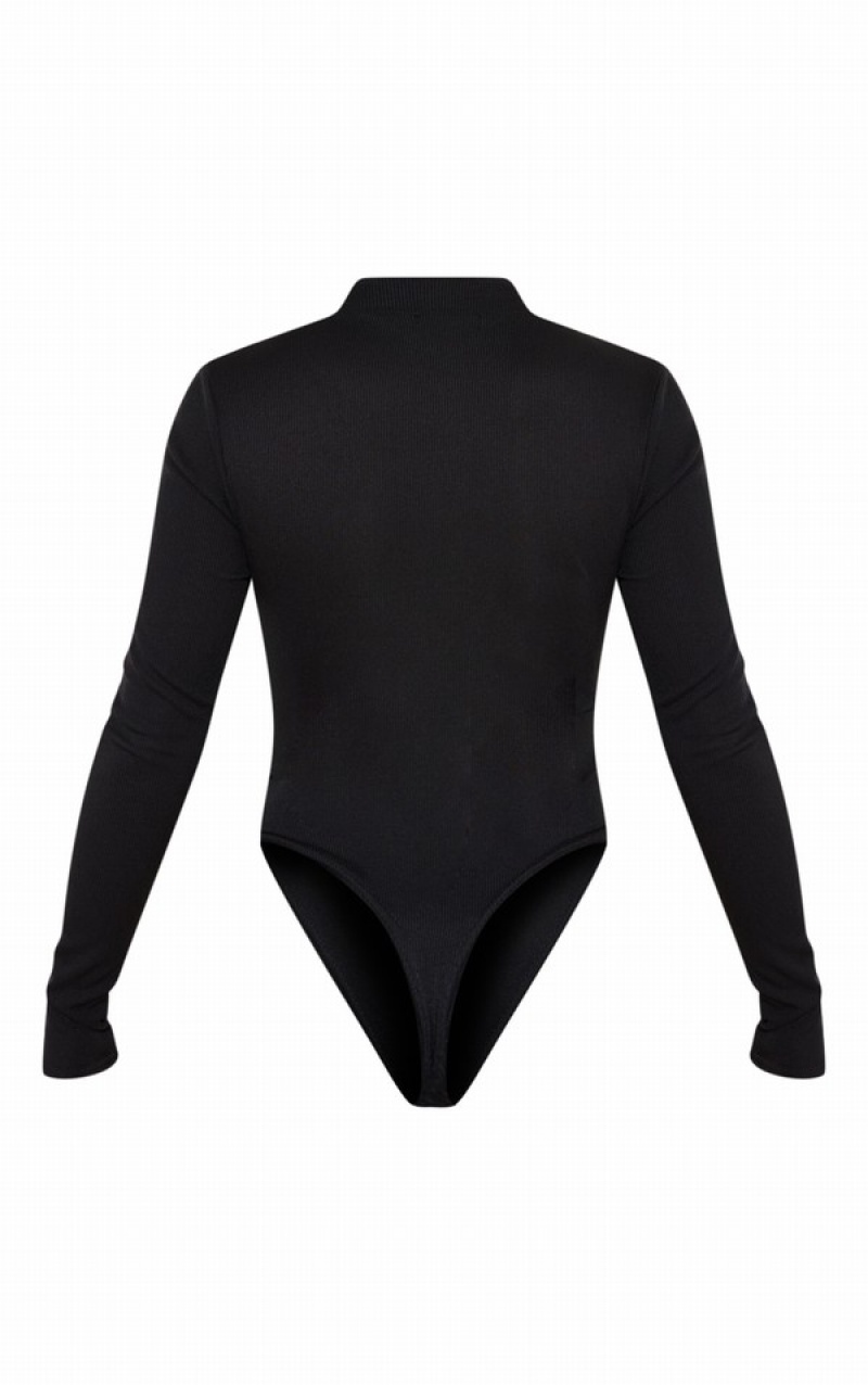 Black Pretty Little Thing Rib Zip Up Long Sleeve Bodysuits | RDXHWCL-25