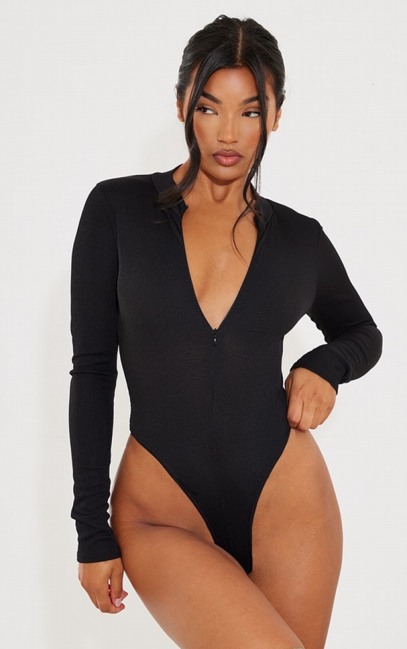 Black Pretty Little Thing Rib Zip Up Long Sleeve Bodysuits | RDXHWCL-25