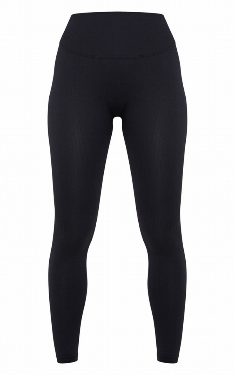 Black Pretty Little Thing Ribbed Seamless Sports Leggings | ASHRKUO-34