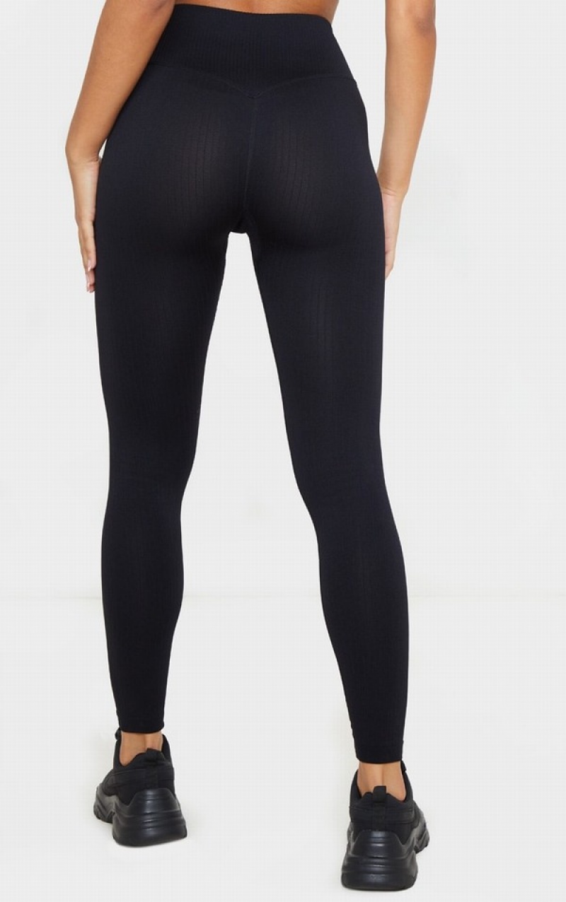 Black Pretty Little Thing Ribbed Seamless Sports Leggings | ASHRKUO-34