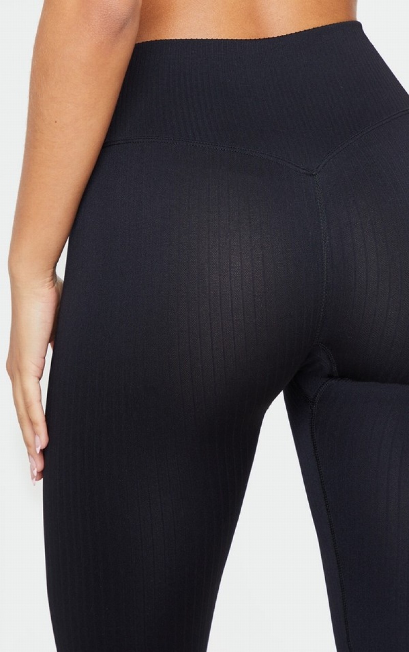 Black Pretty Little Thing Ribbed Seamless Sports Leggings | ASHRKUO-34