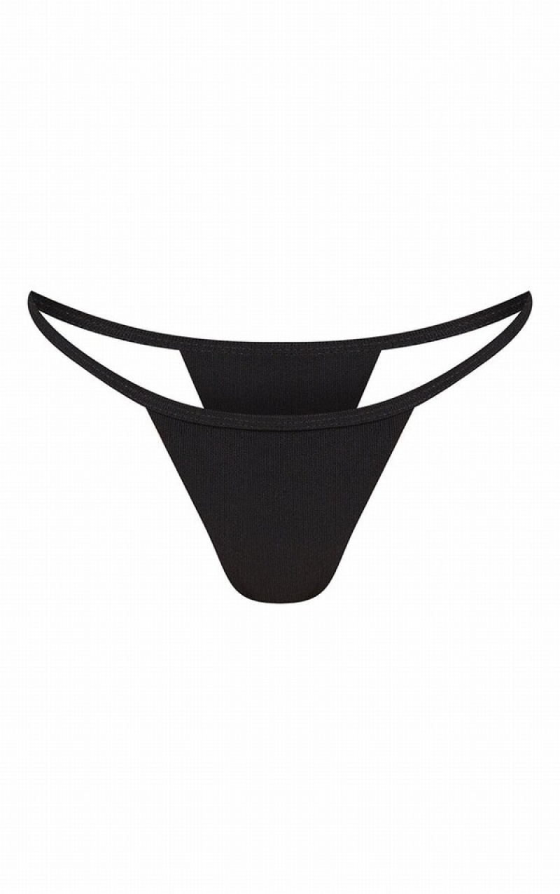 Black Pretty Little Thing Ribbed Tanga Bikini Bottoms | GNKCSJY-90