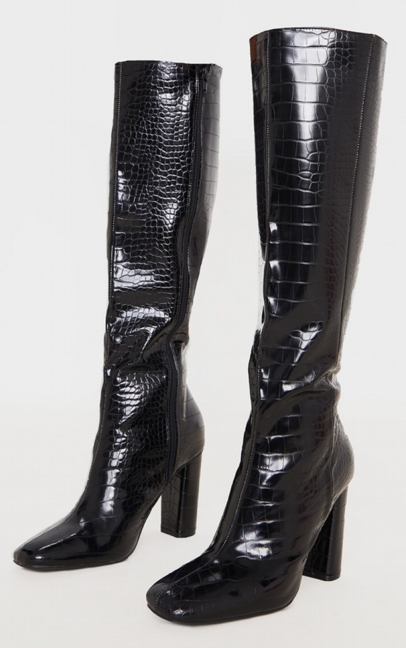 Black Pretty Little Thing Round Block Knee High Boots | HDAZFEB-84