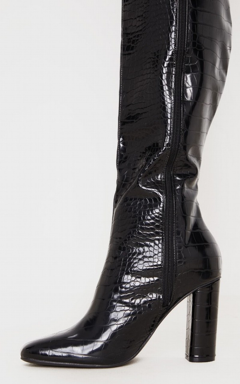 Black Pretty Little Thing Round Block Knee High Boots | HDAZFEB-84