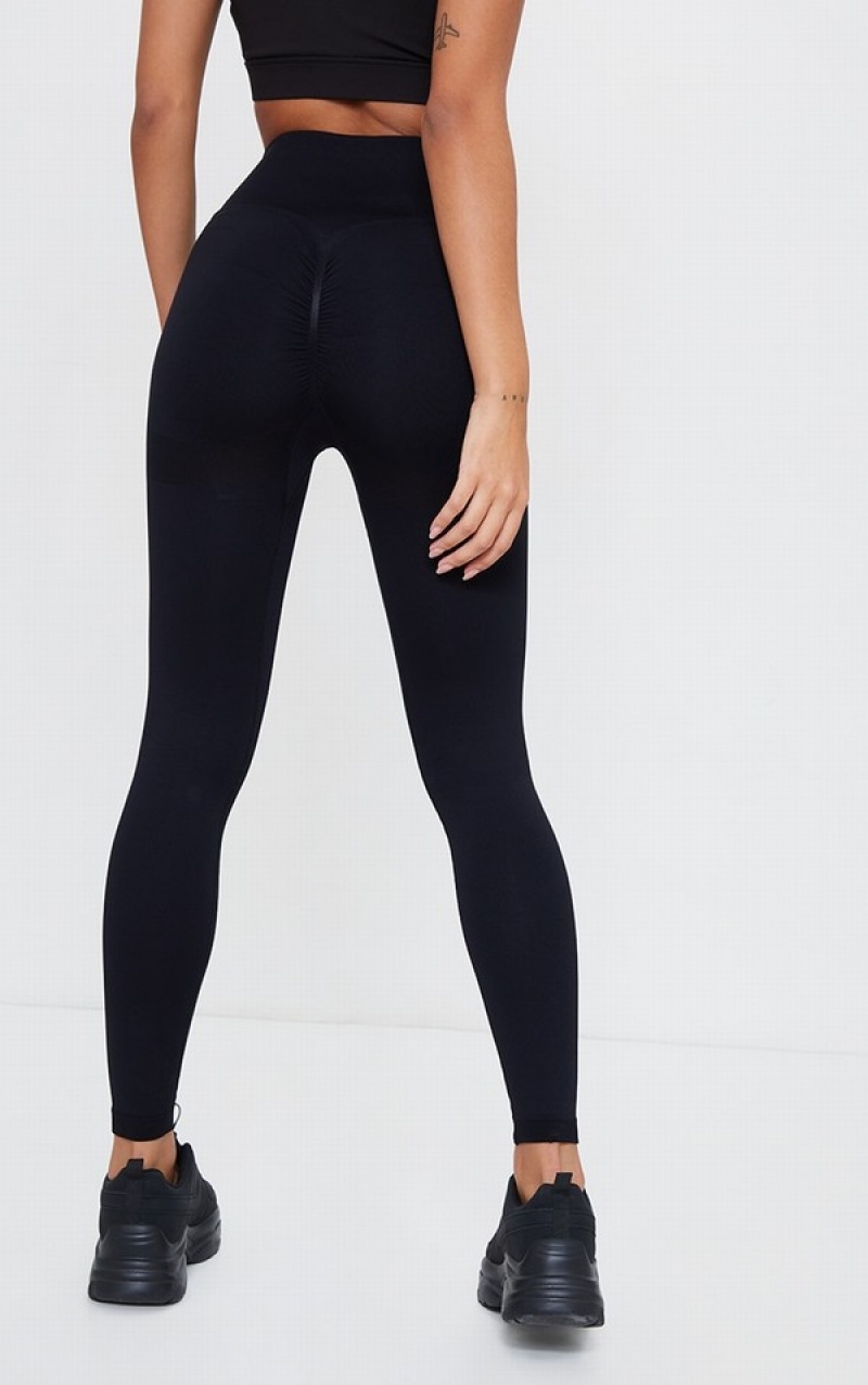 Black Pretty Little Thing Ruched Bum Seamless Leggings | ADQNYJP-76