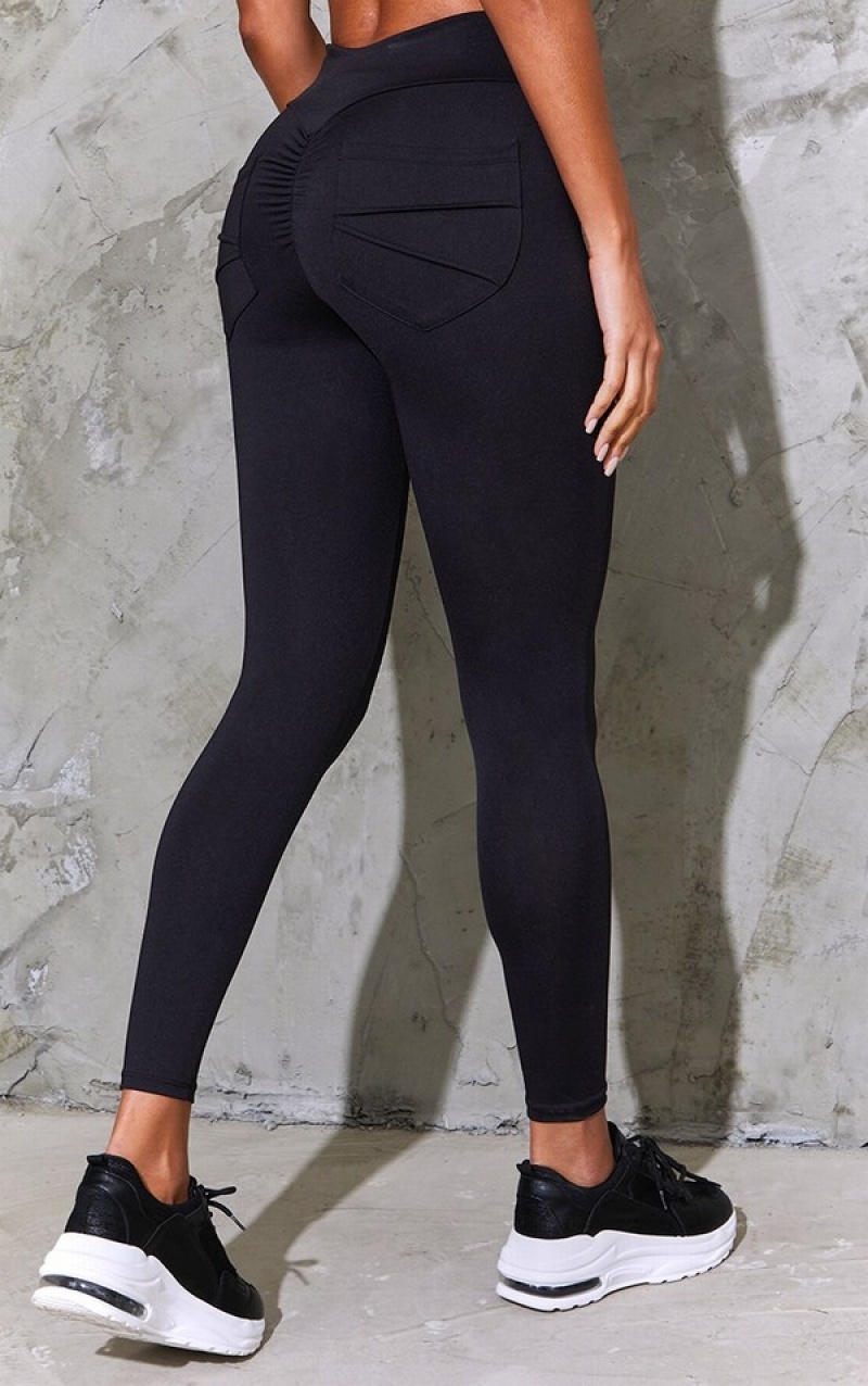 Black Pretty Little Thing Ruched Pocket Bum Gym Leggings | DMIALET-76