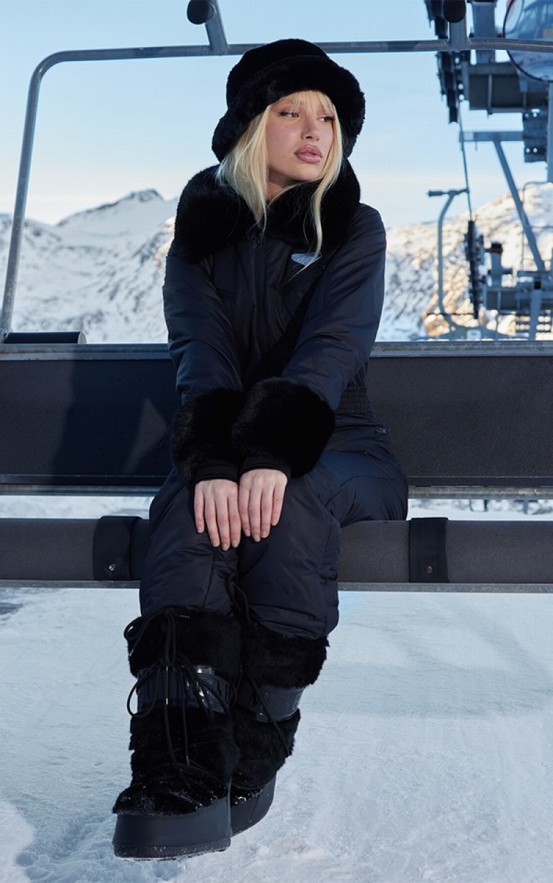 Black Pretty Little Thing SKI Faux Fur Collar And Cuff ed Snowsuit Blazers | YQHBCZP-60