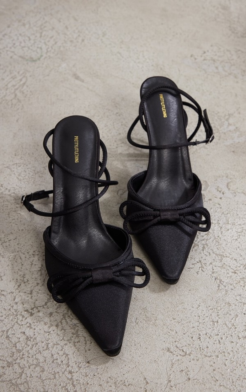 Black Pretty Little Thing Satin Bow Detail Mided Courts Heels | OKRAISV-49