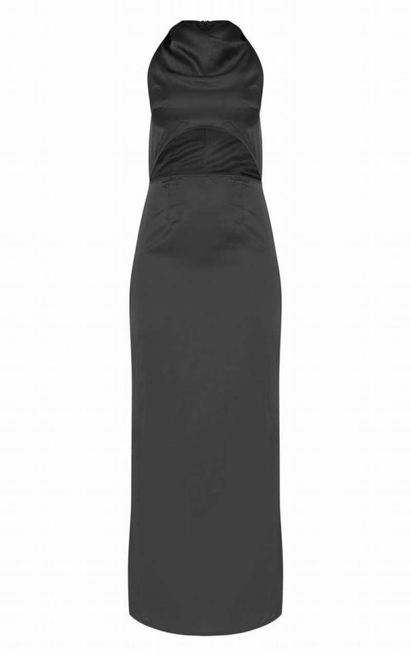 Black Pretty Little Thing Satin High Neck Cut Out Midaxi Dresses | XHZMWOT-20