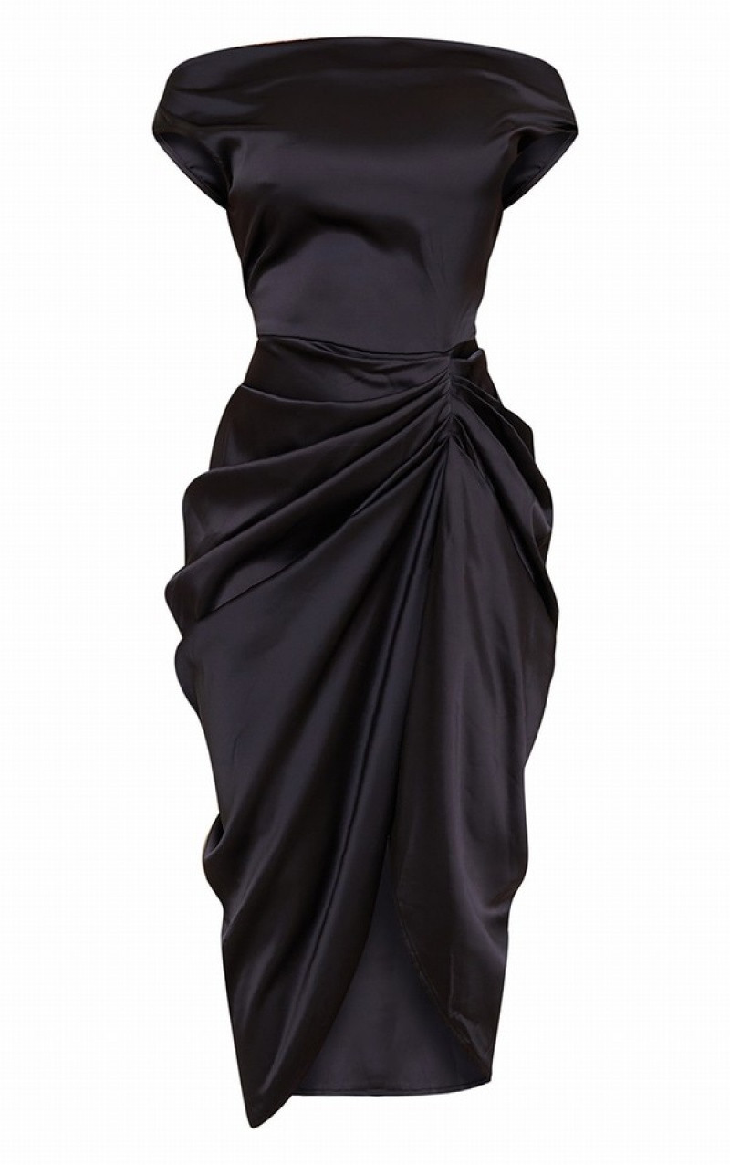 Black Pretty Little Thing Satin Off The Shoulder Draped Dresses | RZFCPXJ-40