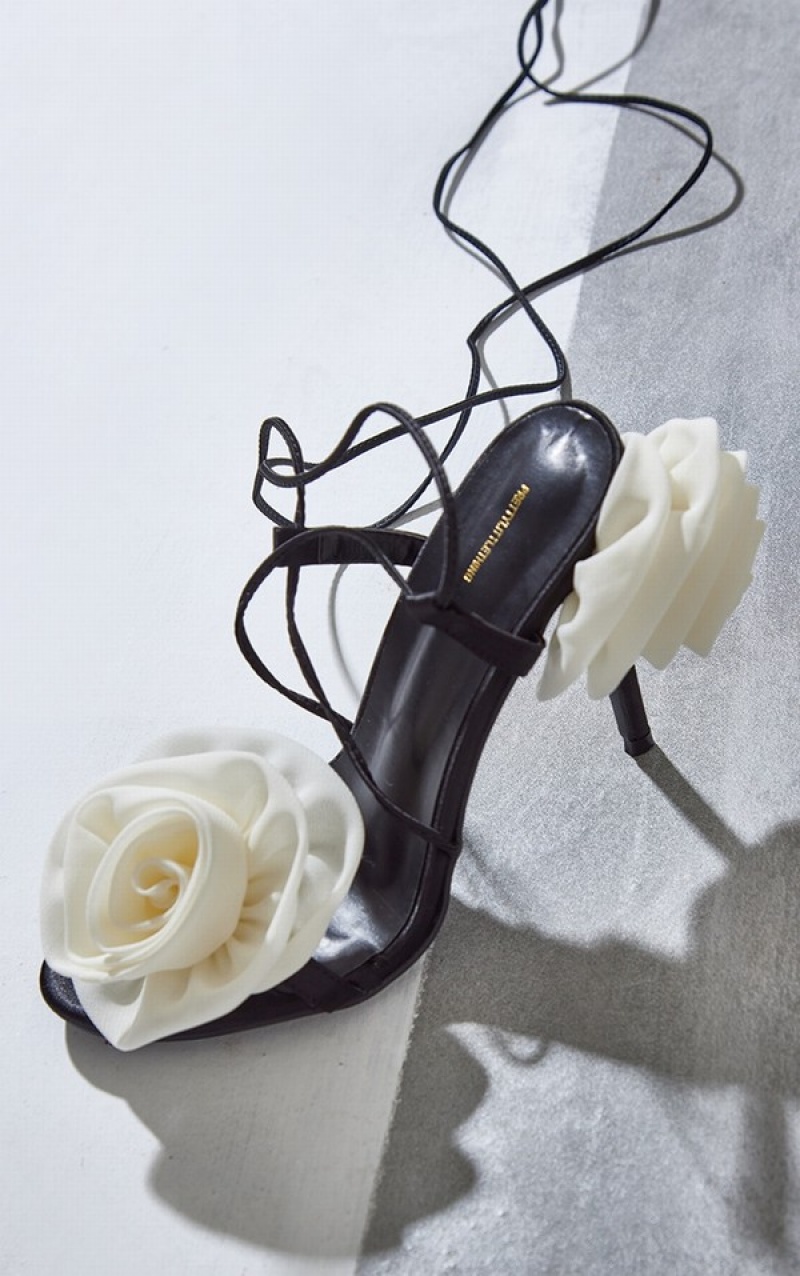 Black Pretty Little Thing Satin Round Toe Corsage Lace Up High Heels | NUJPKOD-13