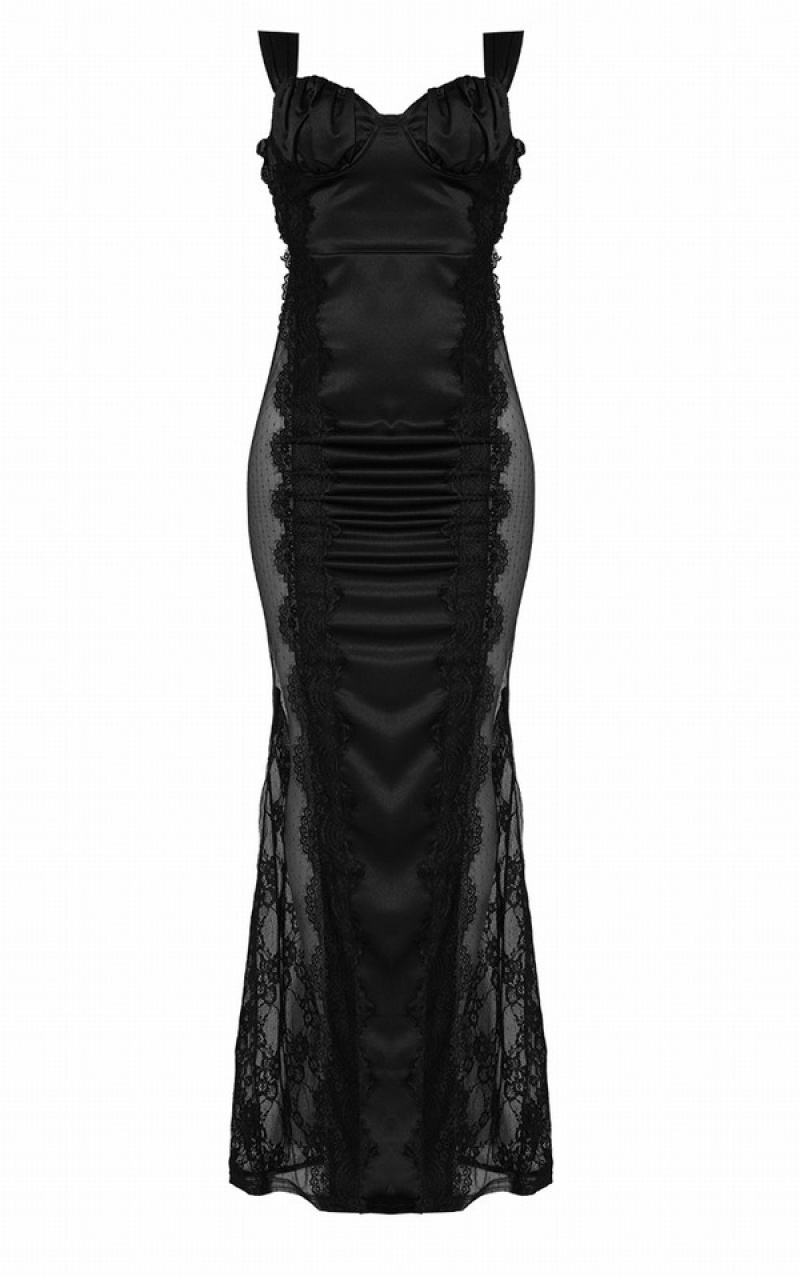 Black Pretty Little Thing Satin Sleeveless Lace Insert Maxi Dresses | ZSXOQBA-98