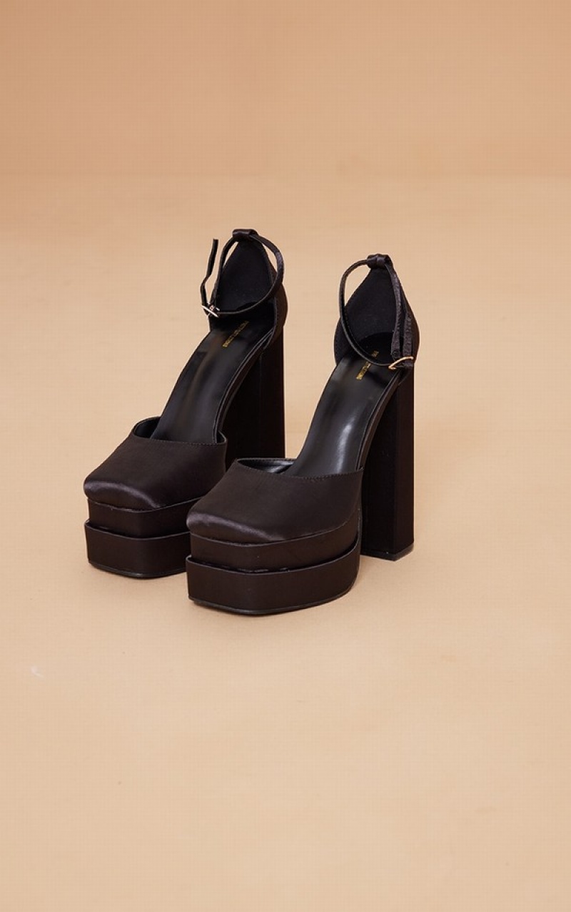 Black Pretty Little Thing Satin Square Toe Double Platform Heels | HKNFMQT-45