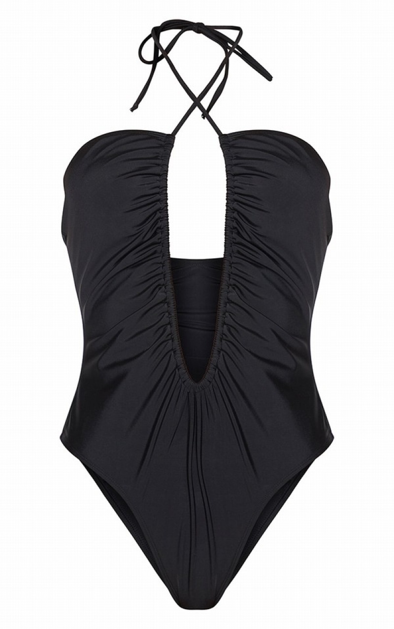 Black Pretty Little Thing Scoop Neck Ruched Swimsuits | WDKILOH-16