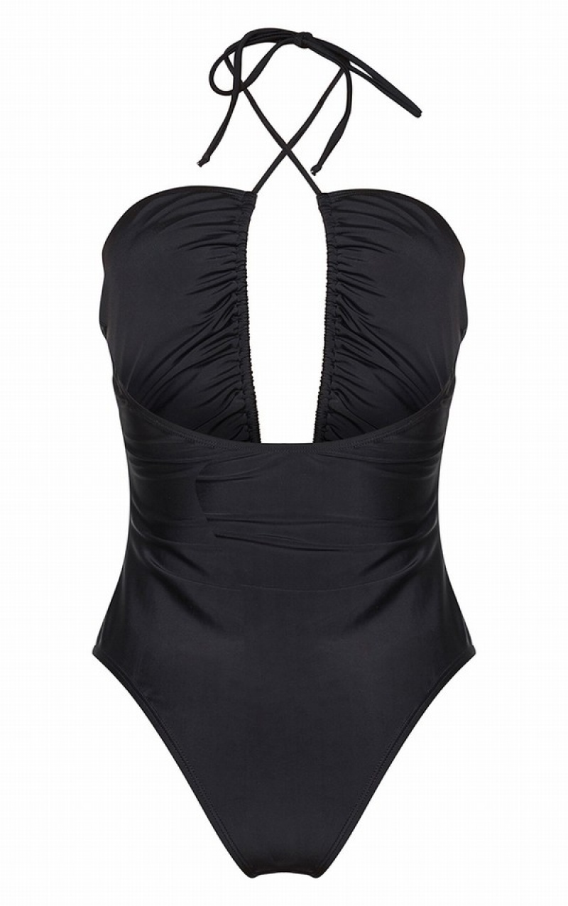 Black Pretty Little Thing Scoop Neck Ruched Swimsuits | WDKILOH-16