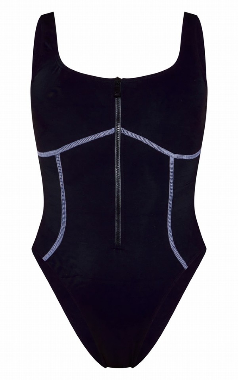 Black Pretty Little Thing Scuba Zip Up Scoop Neck Swimsuits | HLPDGTX-75