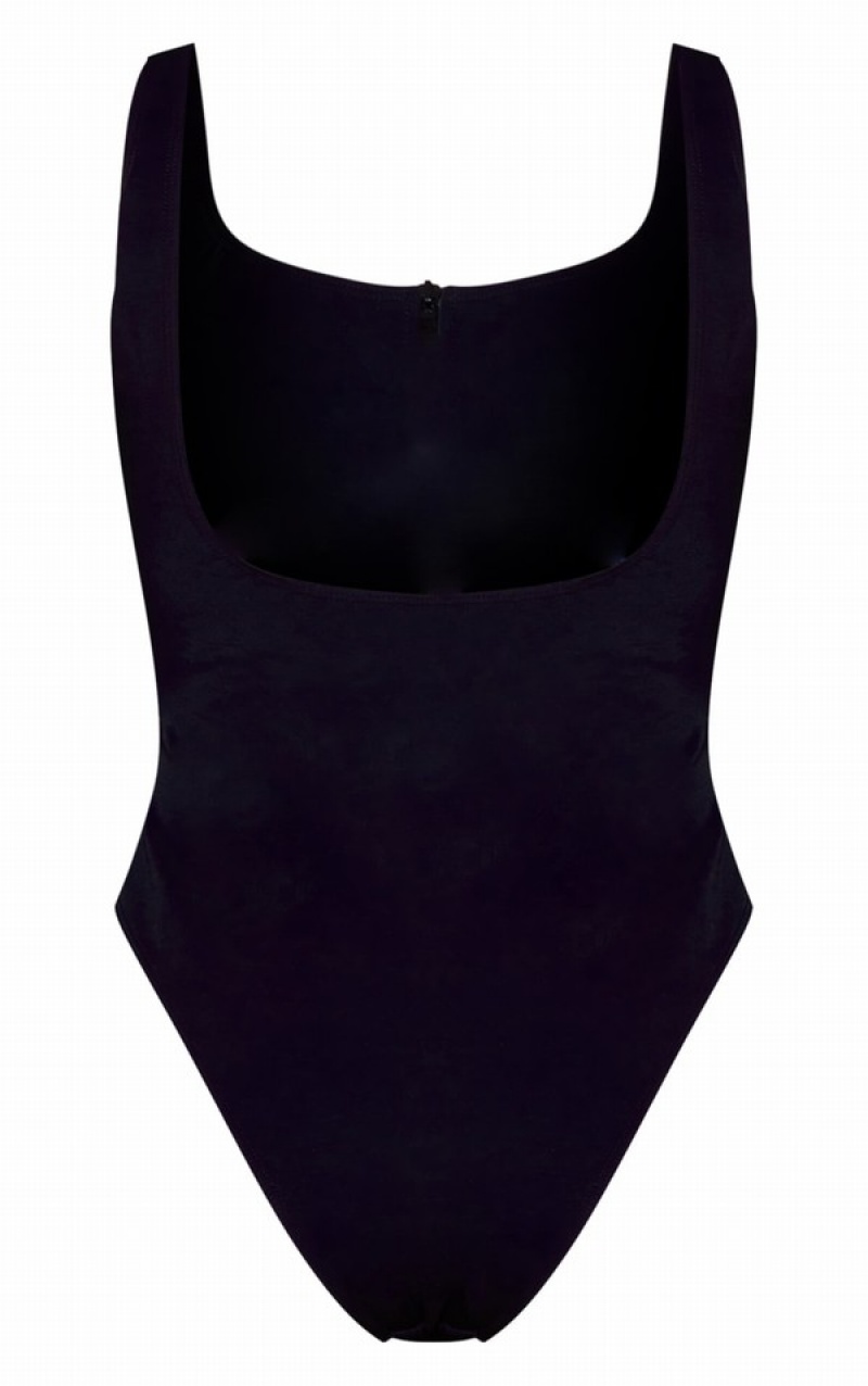 Black Pretty Little Thing Scuba Zip Up Scoop Neck Swimsuits | HLPDGTX-75