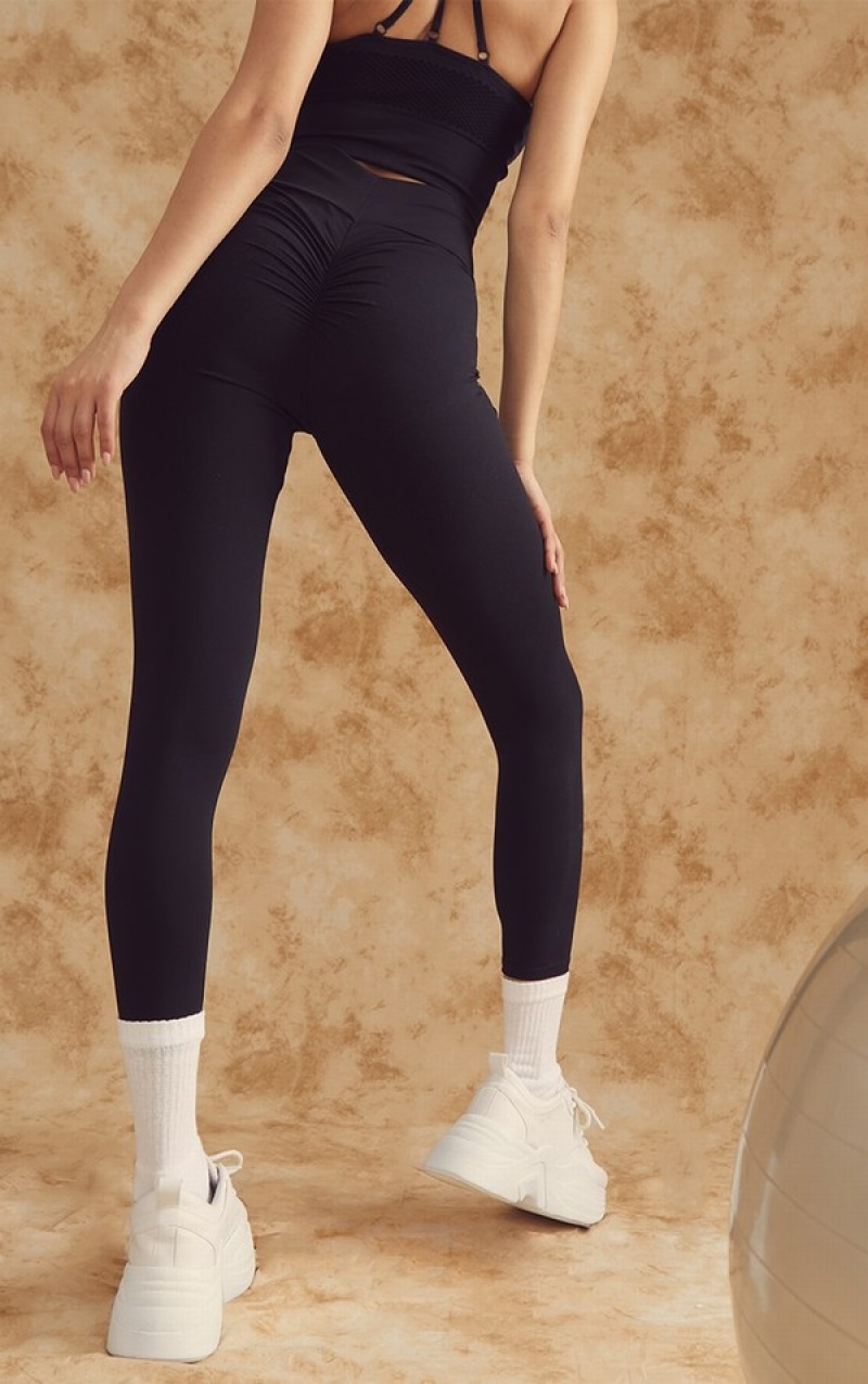 Black Pretty Little Thing Sculpt Luxe Ruched Bum Gym Leggings | KNJTZUH-61