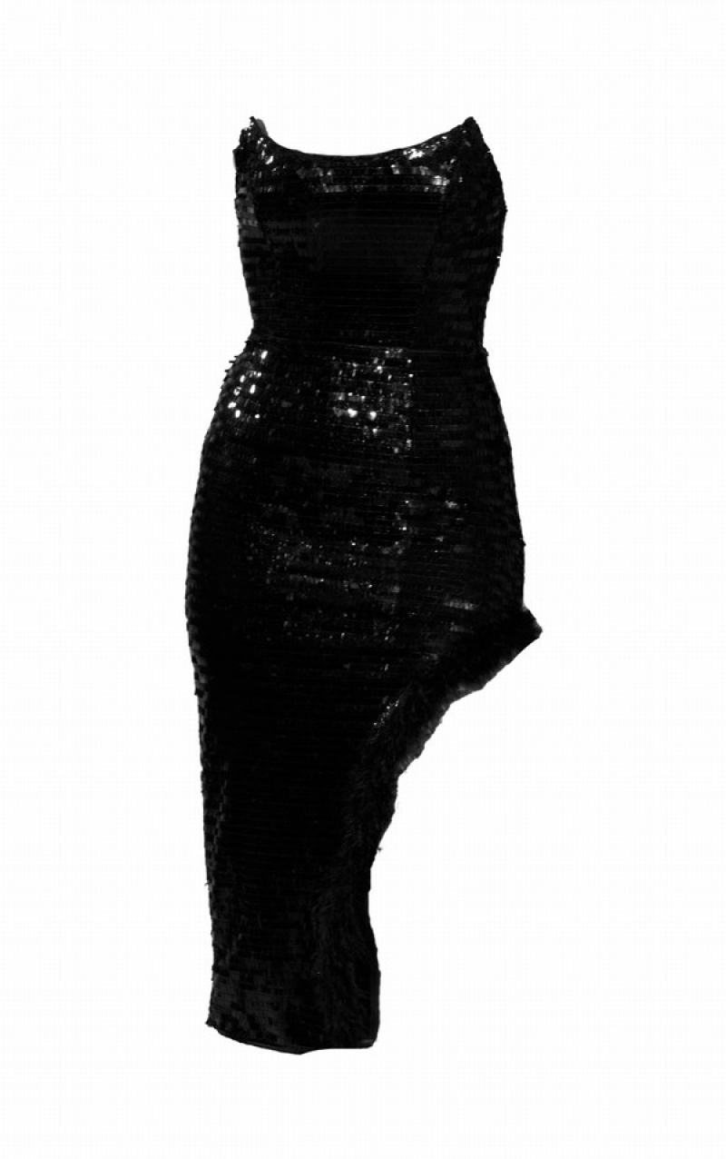 Black Pretty Little Thing Sequin Bandeau Feather Split Midaxi Dresses | ALMHFIX-13