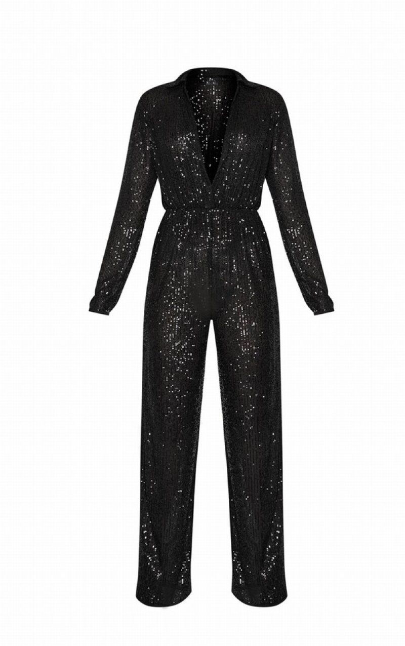 Black Pretty Little Thing Sequin Collar Detail Long Sleeve Jumpsuits | JEBIOAM-49