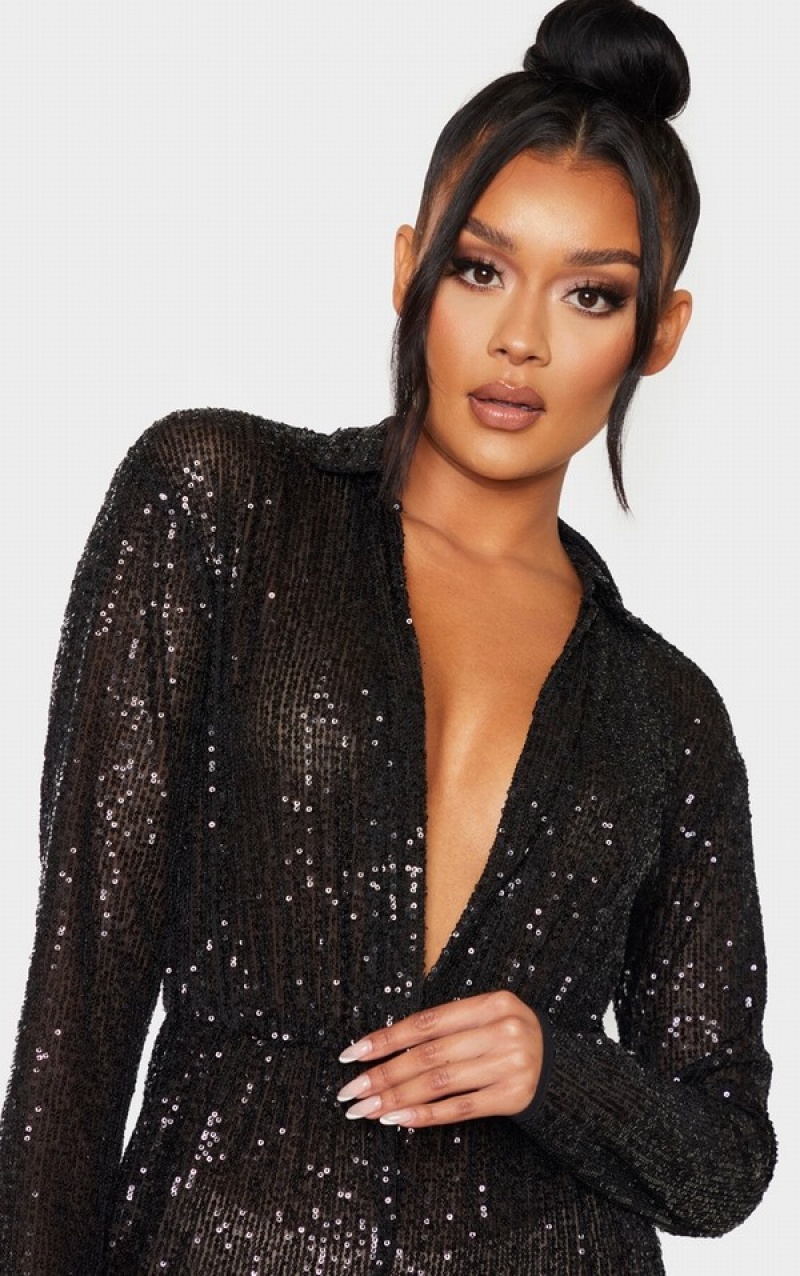 Black Pretty Little Thing Sequin Collar Detail Long Sleeve Jumpsuits | JEBIOAM-49