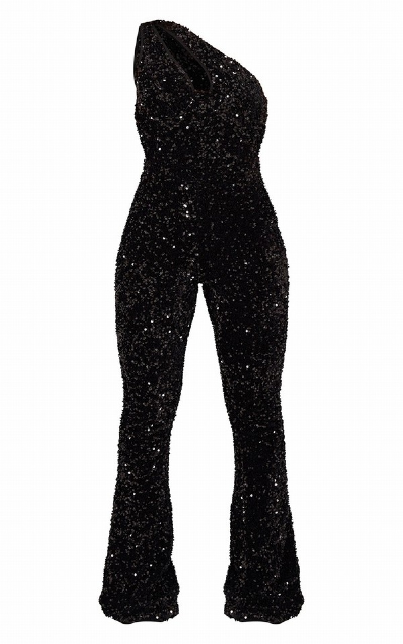 Black Pretty Little Thing Sequin Cup Detail One Shoulder Jumpsuits | NWFAOUG-97