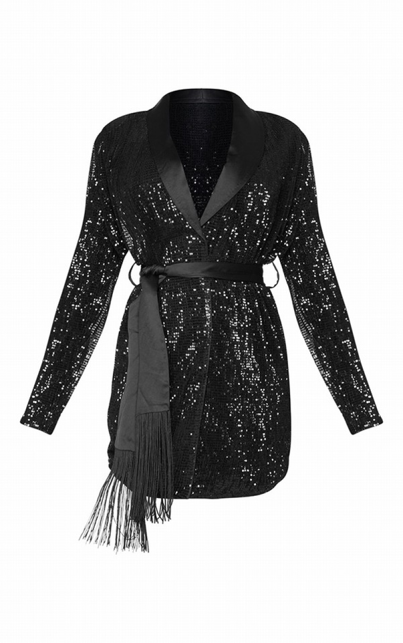 Black Pretty Little Thing Sequin Tassel Tie Detail Dresses | MWJDGAS-48