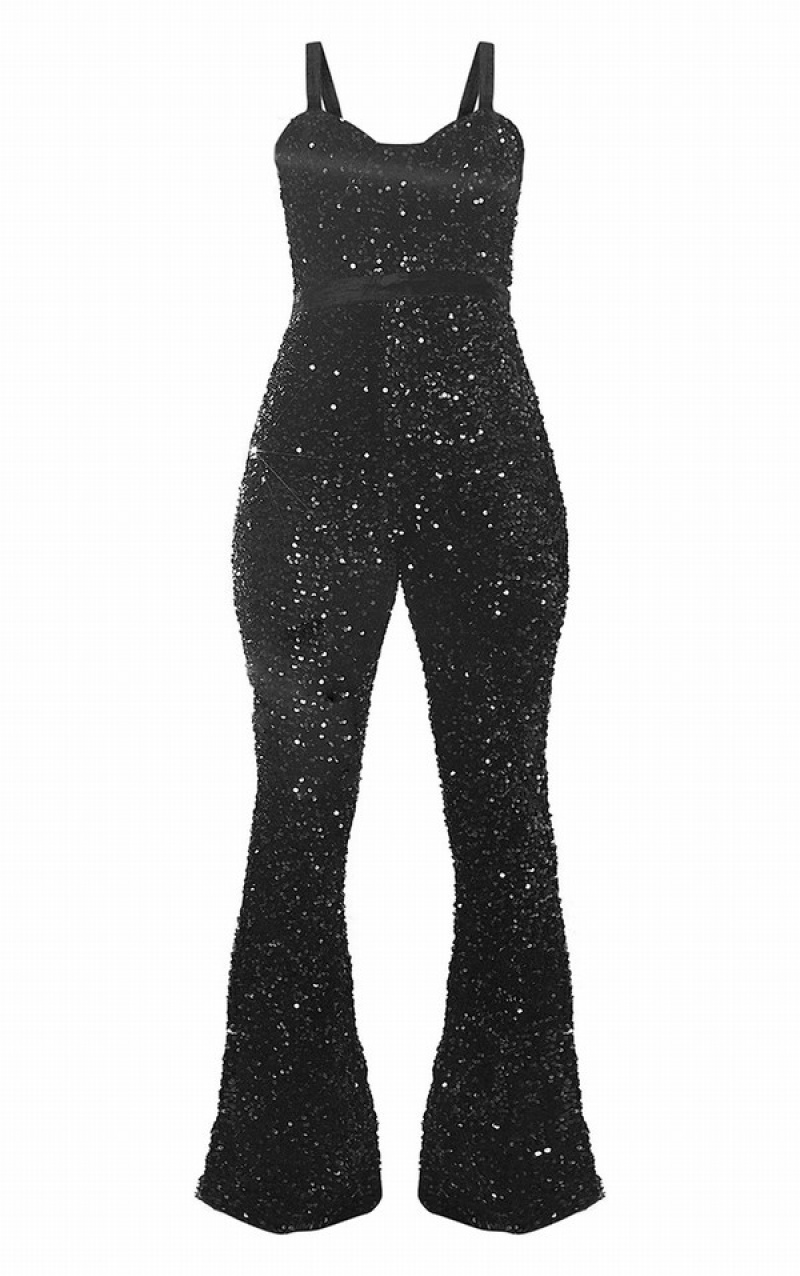 Black Pretty Little Thing Sequin Velvet Waistband Strappy Jumpsuits | KUNVYAP-45