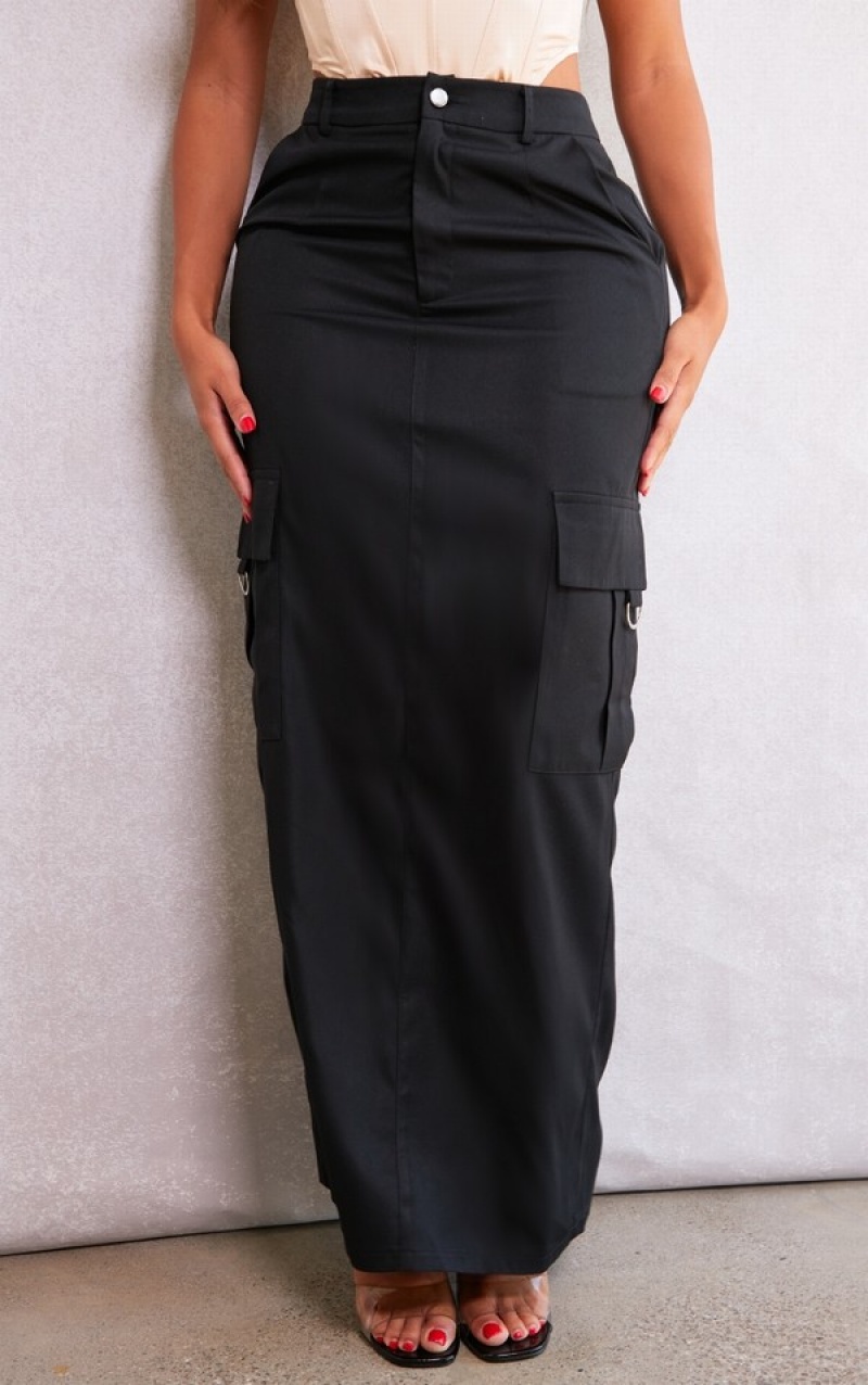 Black Pretty Little Thing Shape Buckle Detail Cargo Maxi Skirts | RLHUIZO-48