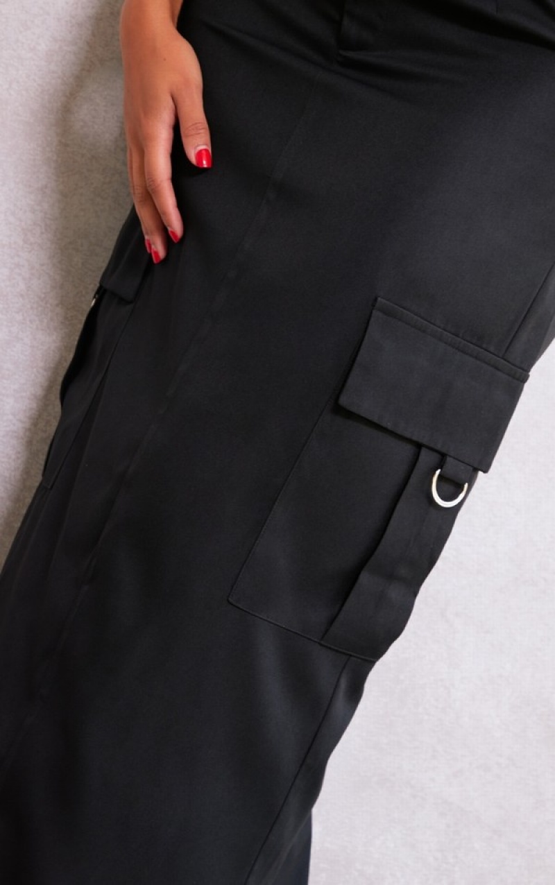 Black Pretty Little Thing Shape Buckle Detail Cargo Maxi Skirts | RLHUIZO-48