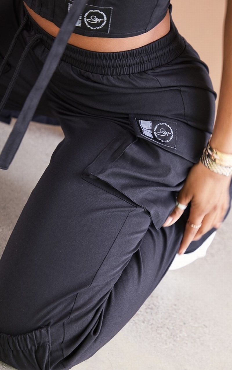 Black Pretty Little Thing Shape Cargo Pocket Detail Wide Leg Sweatpants | OFBNYIA-39