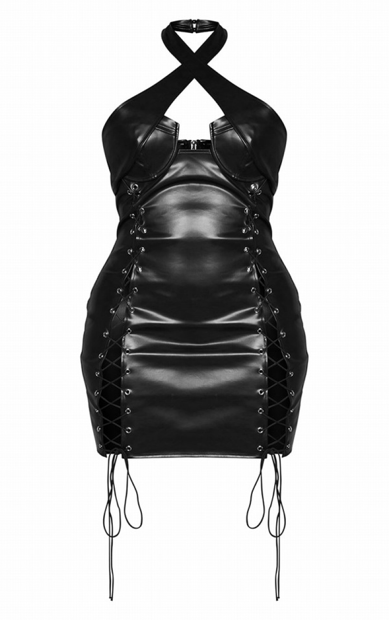 Black Pretty Little Thing Shape Faux Leather Lace Upnded Trim Bodycon Dresses | TAZORDU-18