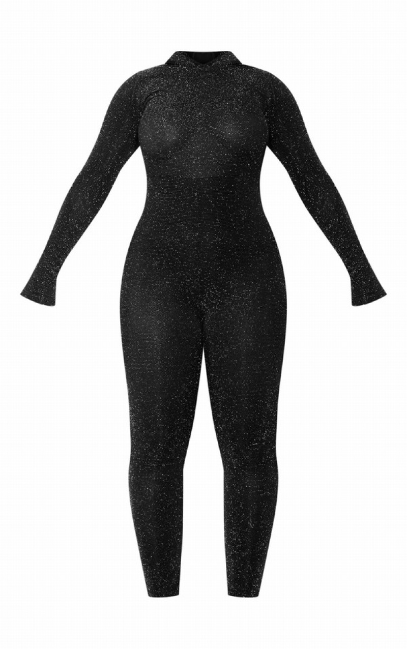 Black Pretty Little Thing Shape Glitter Hooded Cut Out Back Jumpsuits | QIDFCHK-35