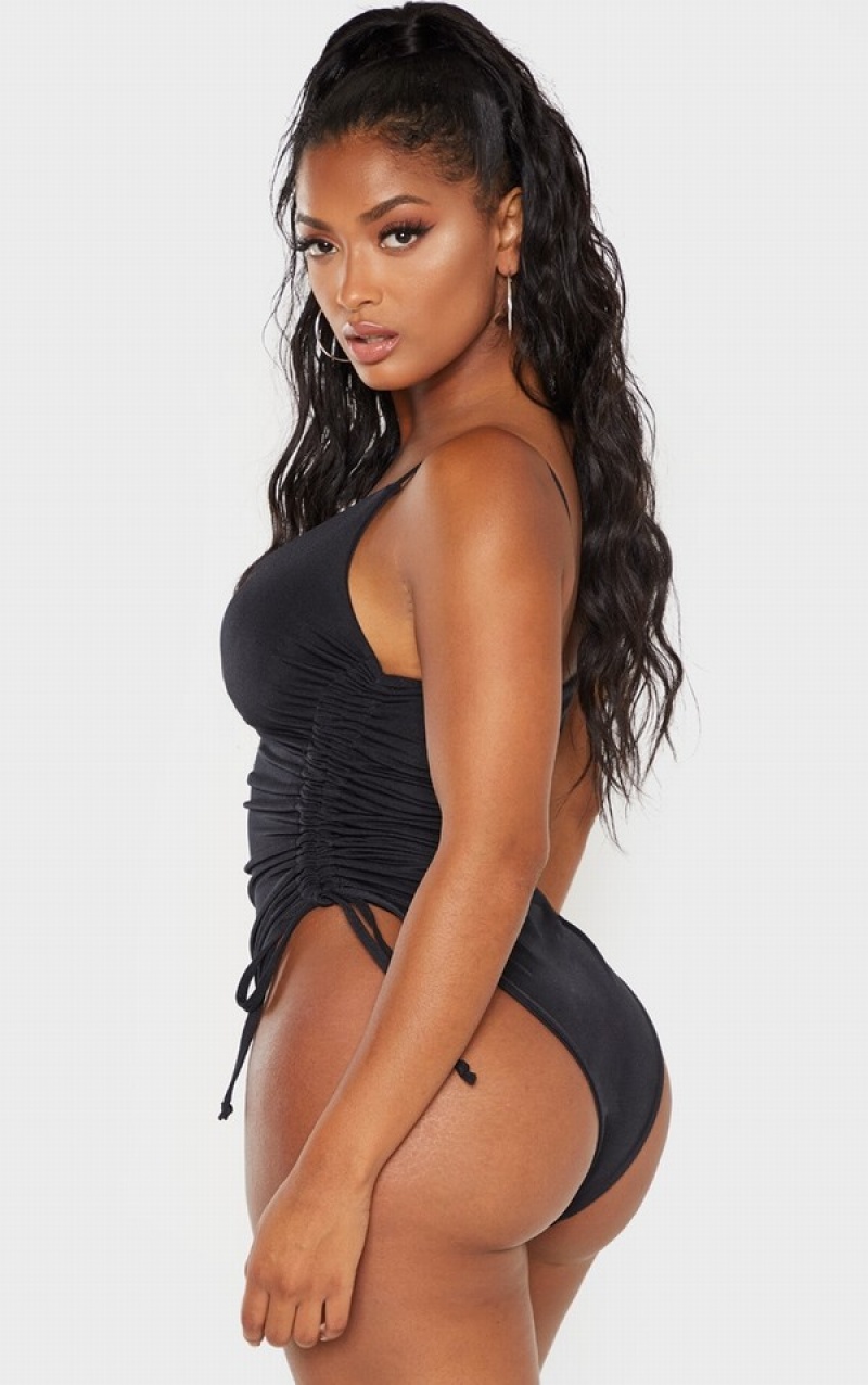 Black Pretty Little Thing Shape High Rise Ruched Side Swimsuits | RNOBJME-81