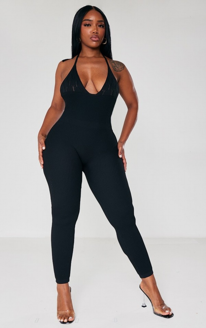 Black Pretty Little Thing Shape Knit Halterneck Underbust Detail Jumpsuits | HIQVLSC-94