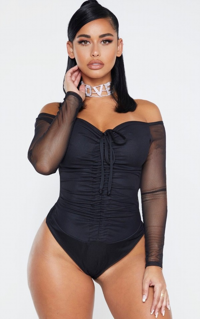 Black Pretty Little Thing Shape Mesh Long Sleeve Ruched Bodysuits | KMTWRDA-74