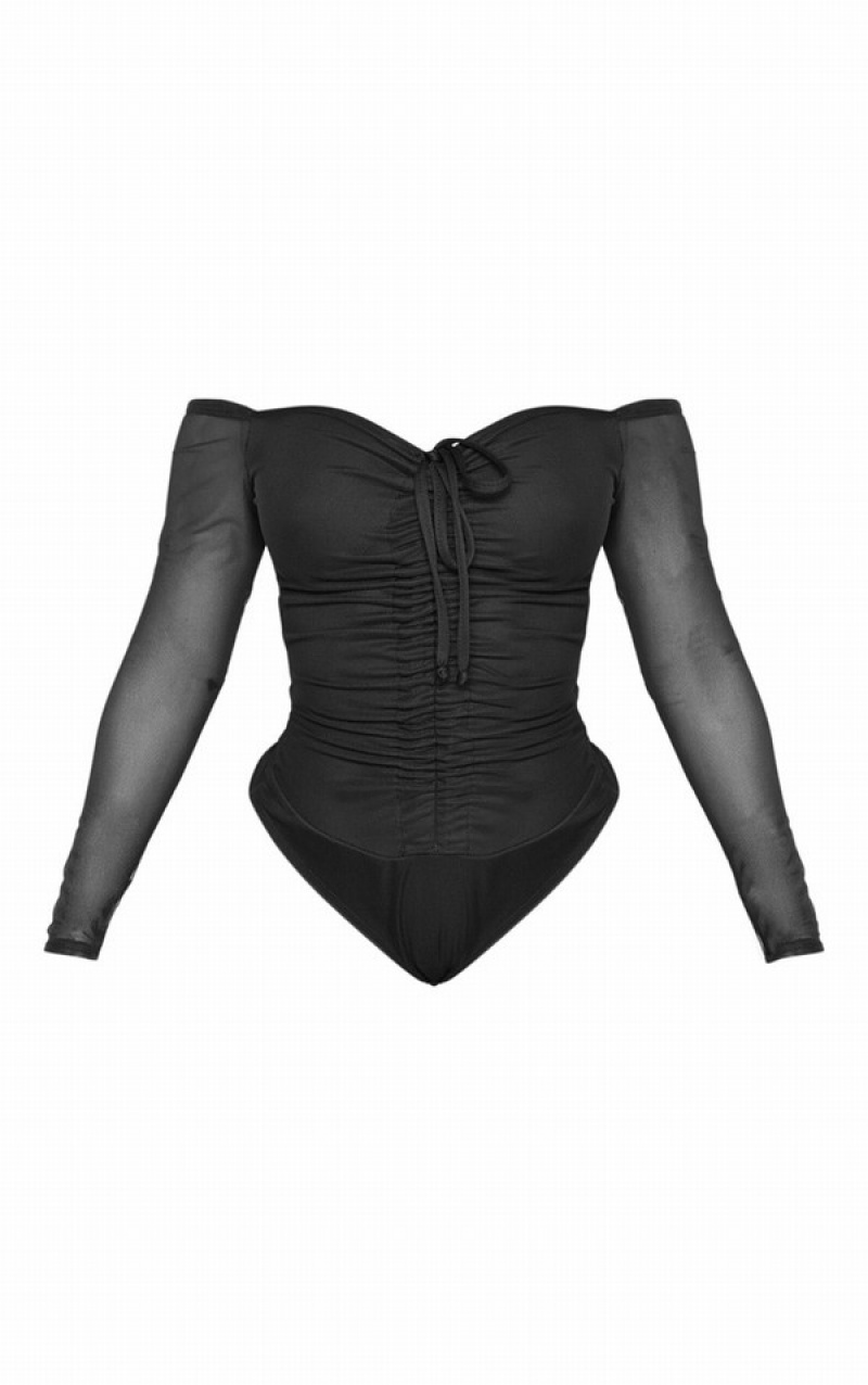 Black Pretty Little Thing Shape Mesh Long Sleeve Ruched Bodysuits | KMTWRDA-74