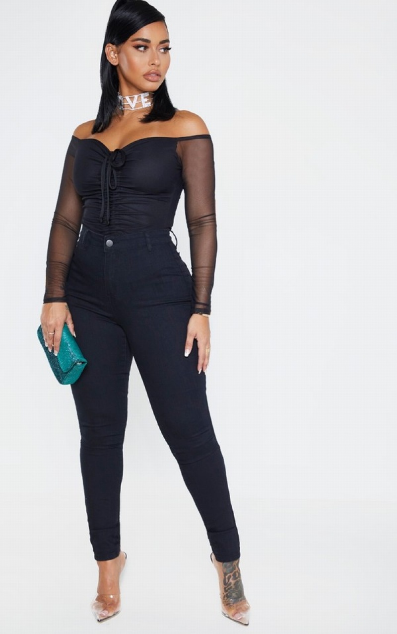 Black Pretty Little Thing Shape Mesh Long Sleeve Ruched Bodysuits | KMTWRDA-74