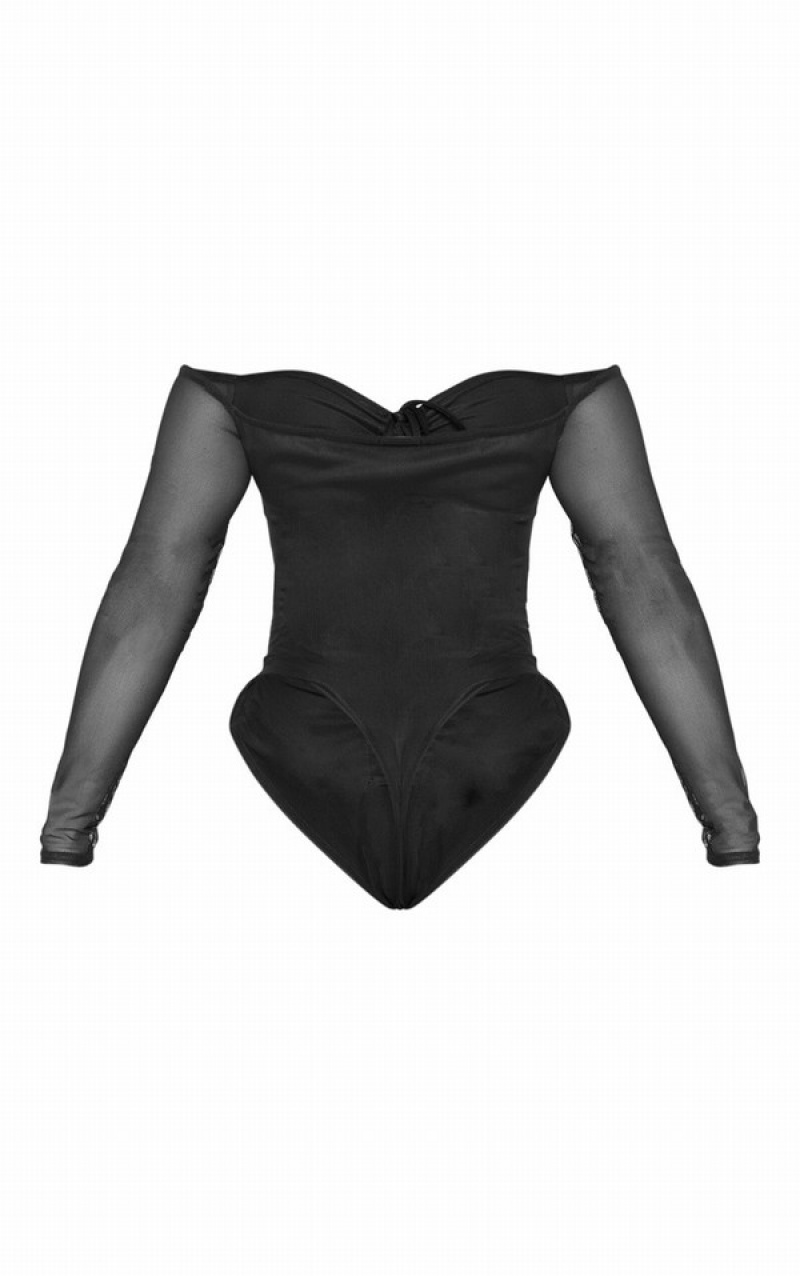 Black Pretty Little Thing Shape Mesh Long Sleeve Ruched Bodysuits | KMTWRDA-74