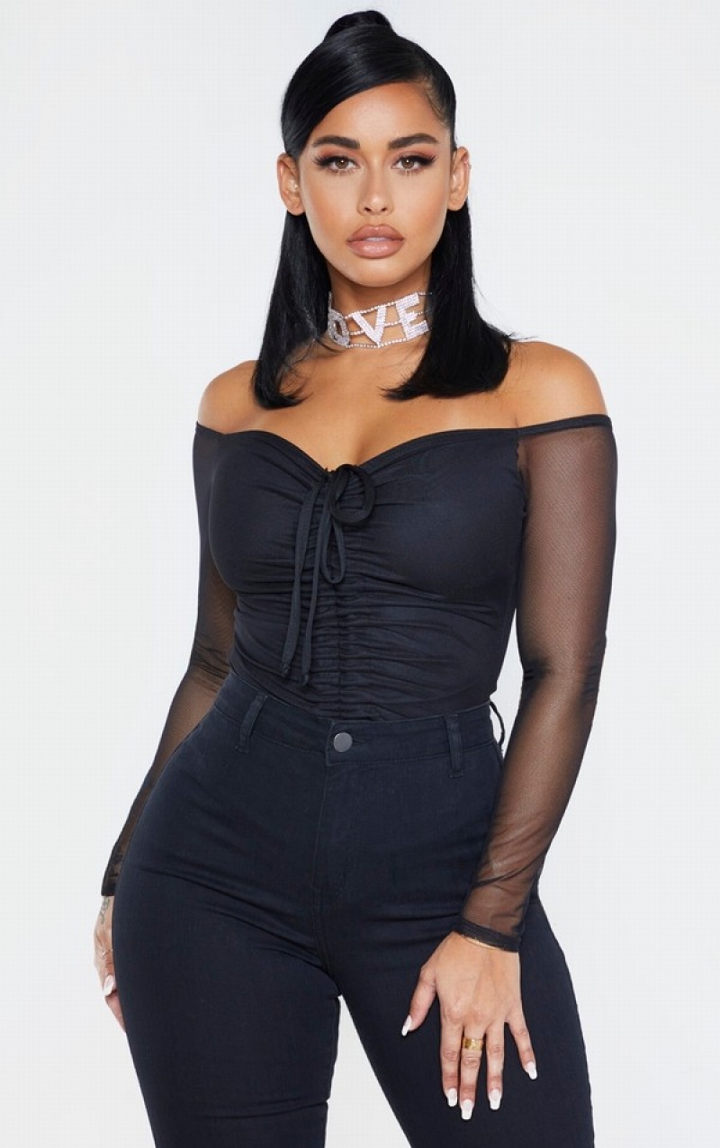 Black Pretty Little Thing Shape Mesh Long Sleeve Ruched Bodysuits | KMTWRDA-74