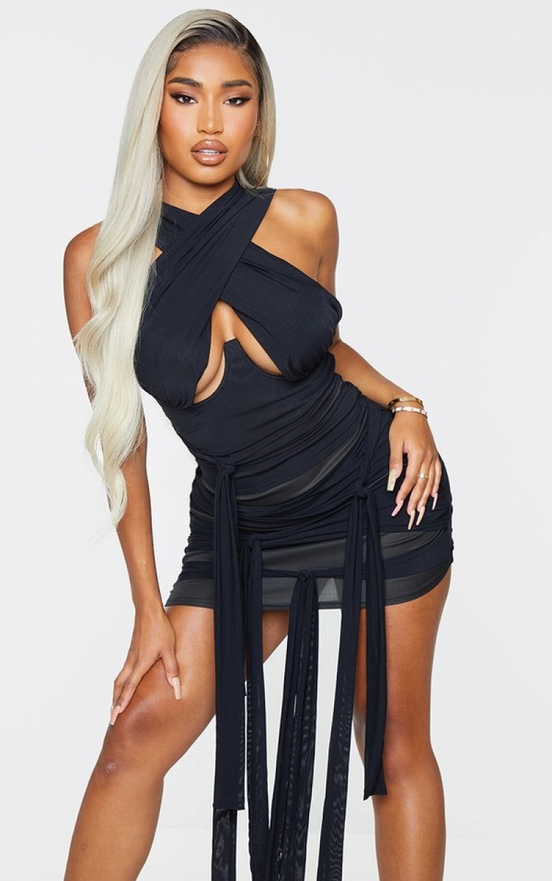 Black Pretty Little Thing Shape Mesh Wrap Neck Tie Detail Bodycon Dresses | VRLIDEO-51