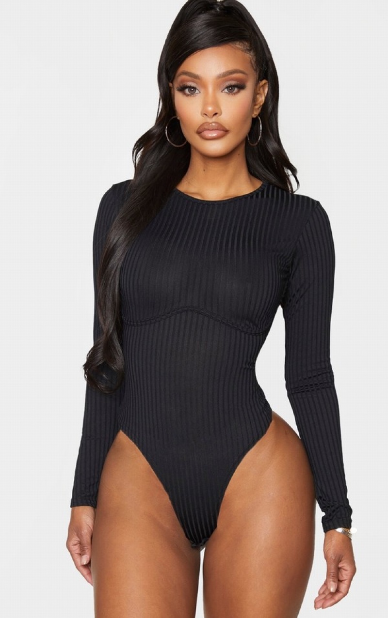 Black Pretty Little Thing Shape Ribbed Underbust Detail Bodysuits | IGZDHLA-72