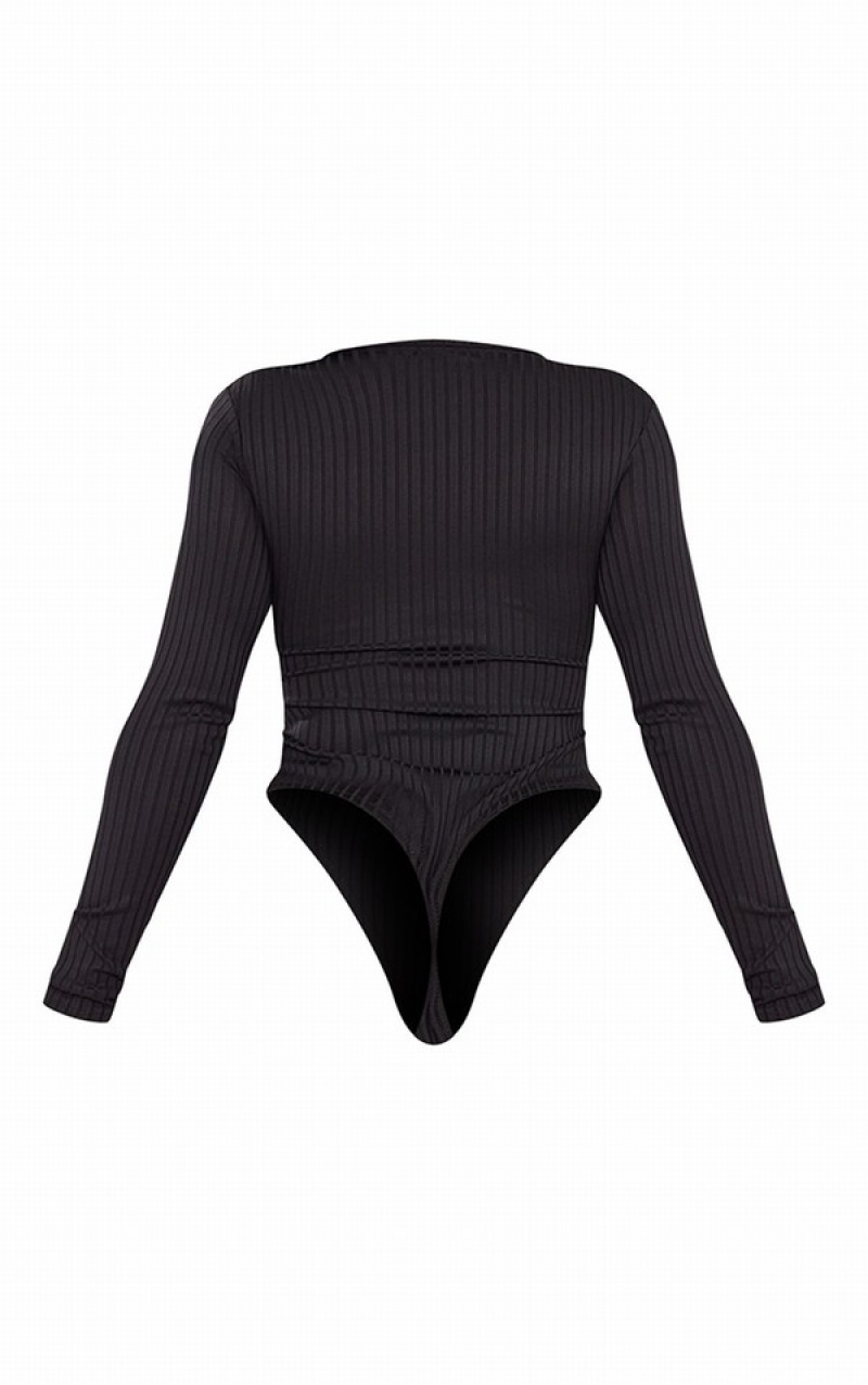 Black Pretty Little Thing Shape Ribbed Underbust Detail Bodysuits | IGZDHLA-72