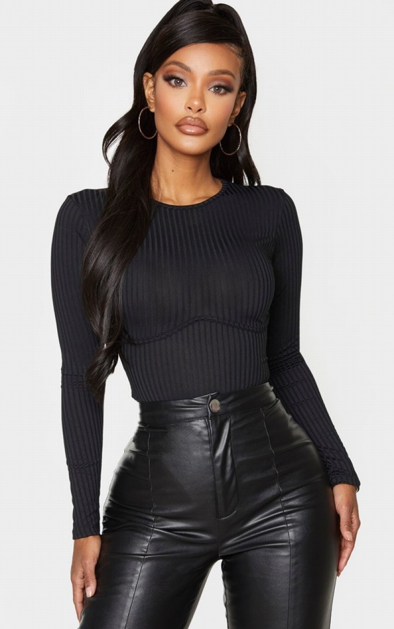 Black Pretty Little Thing Shape Ribbed Underbust Detail Bodysuits | IGZDHLA-72