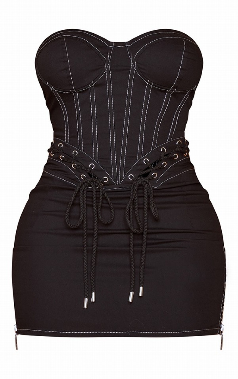 Black Pretty Little Thing Shape Rope Detail Lace Up Corset Bodycon Dresses | MOXDUES-54