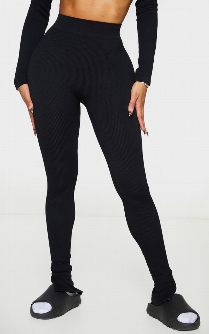 Black Pretty Little Thing Shape Snatched Ribbed Split Hem Leggings | EPTJKAQ-35