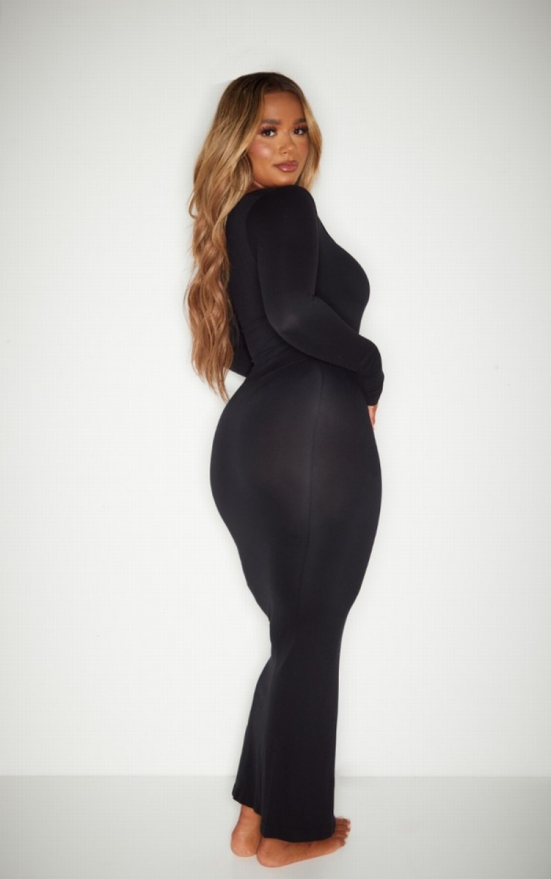 Black Pretty Little Thing Shape Stretch Seamless Long Sleeve Maxi Dresses | CLABUSW-70